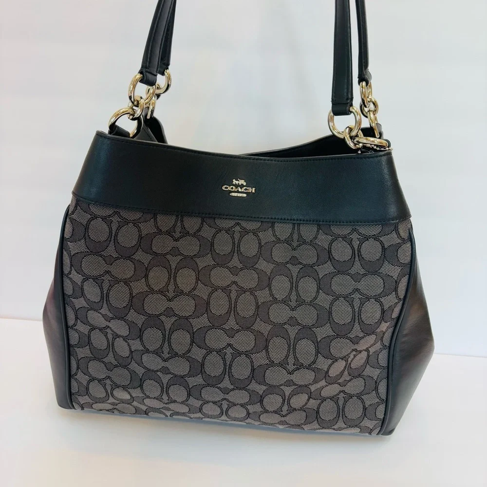 Coach Lexy Shoulder Bag in Signature Jacquard Black Logo Print and Leather